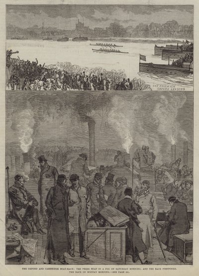 La Carrera de Botes de Oxford y Cambridge, el Barco de Prensa en una Niebla el Sábado por la Mañana, y la Carrera Pospuesta, la Carrera el Lunes por la Mañana de Sir John Charles Robinson